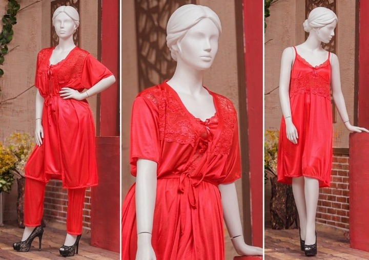 3 Pcs Luxury Silk Nightwear Set with Lace Trim – Satin Sleepwear for Women