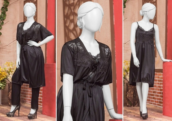 3 Pcs Luxury Silk Nightwear Set with Lace Trim – Satin Sleepwear for Women