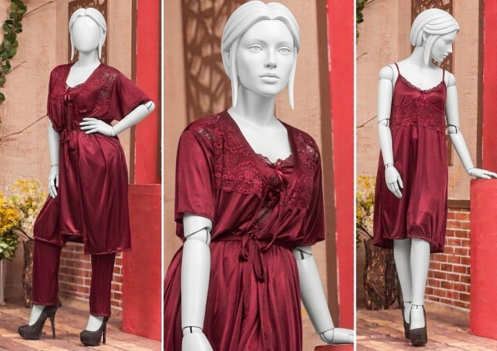 3 Pcs Luxury Silk Nightwear Set with Lace Trim – Satin Sleepwear for Women
