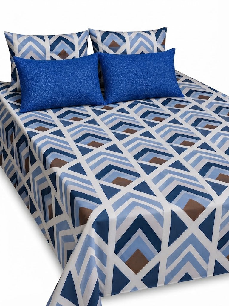 5-Piece Export Quality Pure Cotton King Size Blue Geometric Bedsheet Set
