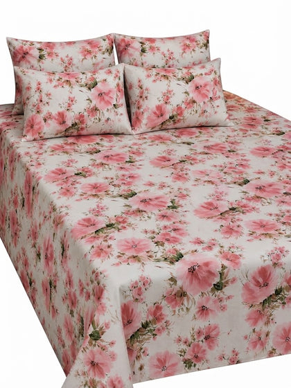 5-Piece Export Quality Pink Floral Printed 100% Pure Cotton King Size Bedsheet Set – Flat Sheet & 4 Pillow Covers