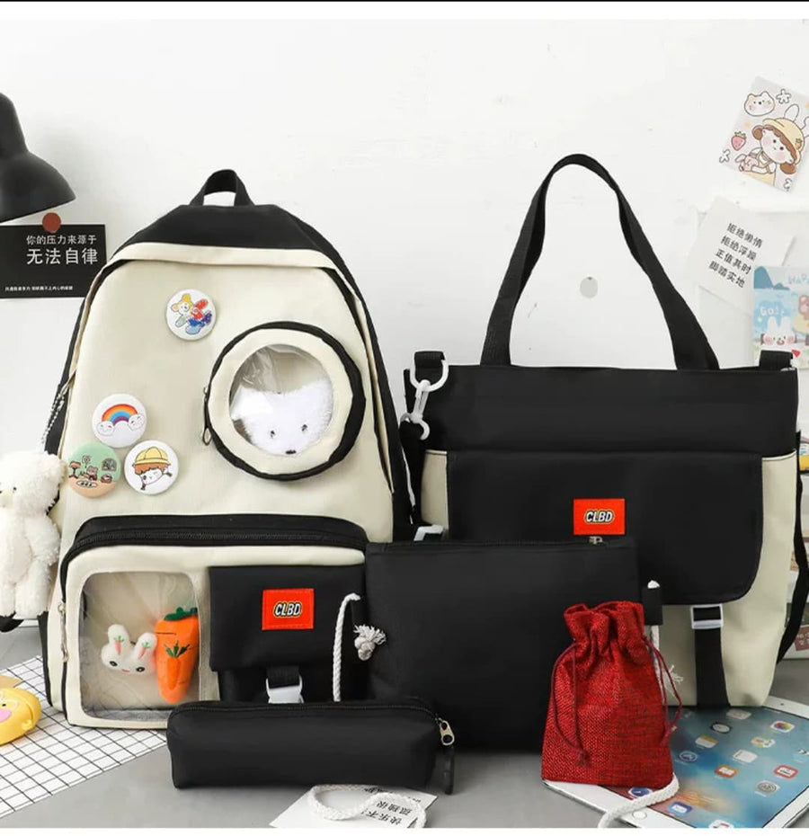 4 Set Backpack For Teenager Girl Waterproof High Capacity School Bags Female Student Cute BookBags | Black