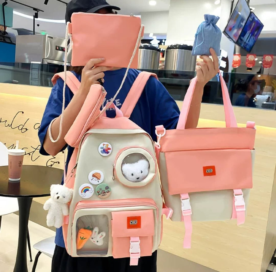 4 Set Backpack For Teenager Girl Waterproof High Capacity School Bags Female Student Cute BookBags | Black