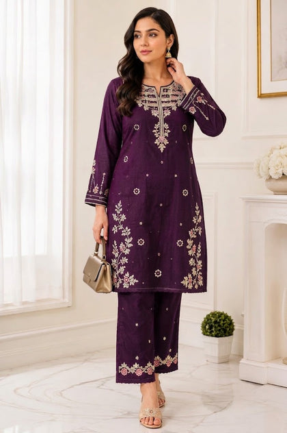 Ready-To-Wear Heavy Embroidered 2-Piece Cotton Slub Co-ord Set