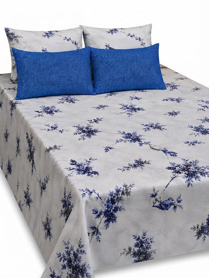 5-Piece Export Quality Pure Cotton King Size Bedsheet Set – Royal Blue Floral & Bird Pattern