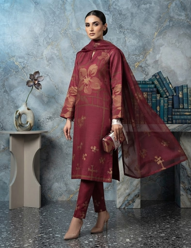Premium Maroon Floral Jacquard Cambric 3-Piece Unstitched Collection