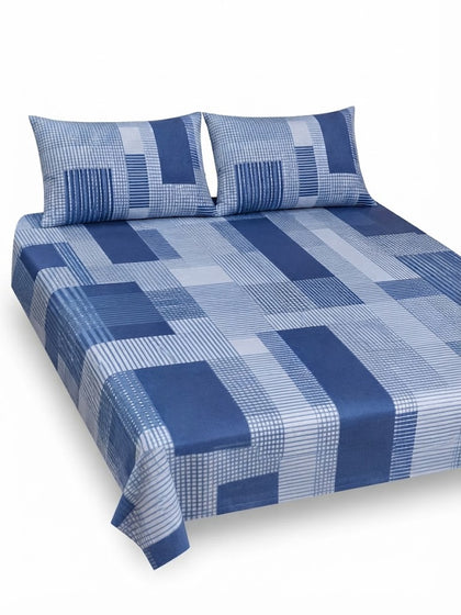 5-Piece Export Quality Pure Cotton King Size Bedsheet Set – Blue Geometric Block Pattern