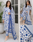 Royal Blue Floral Printed 3-Piece Linen Suit
