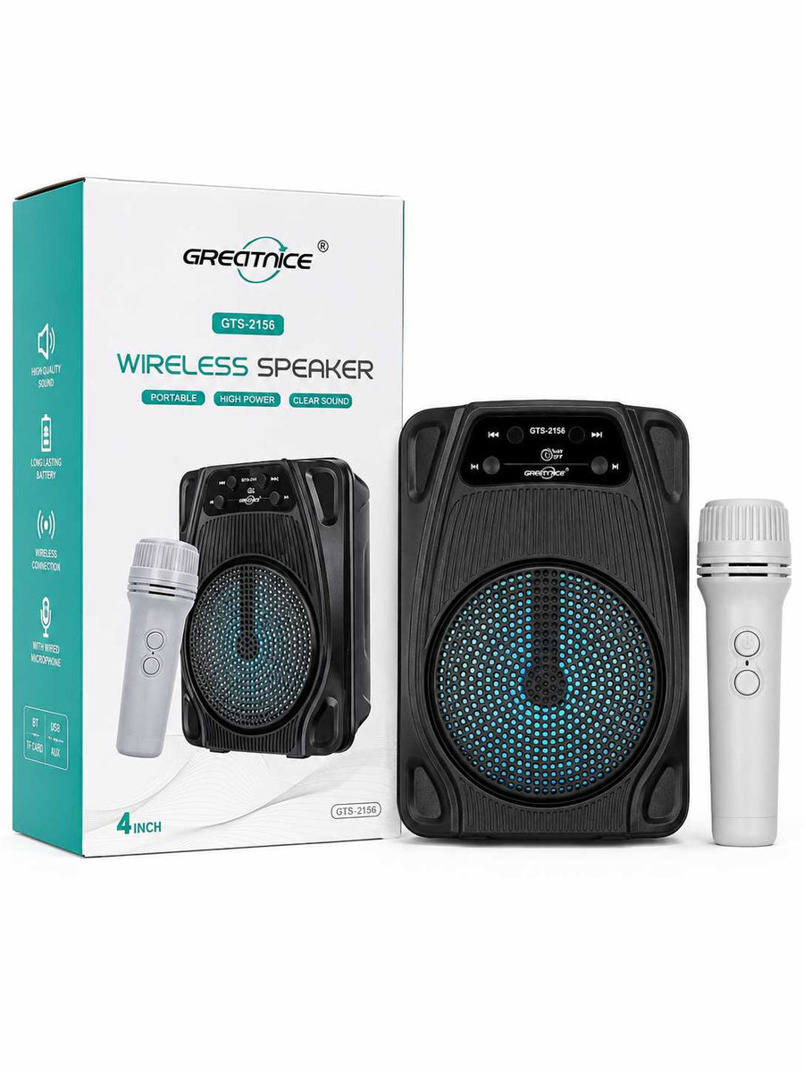 GREATNICE 4" Portable Wireless Karaoke Speaker with Wired Microphone - Bluetooth, USB, TF Card Supported Heavy Bass Outdoor Sound Box