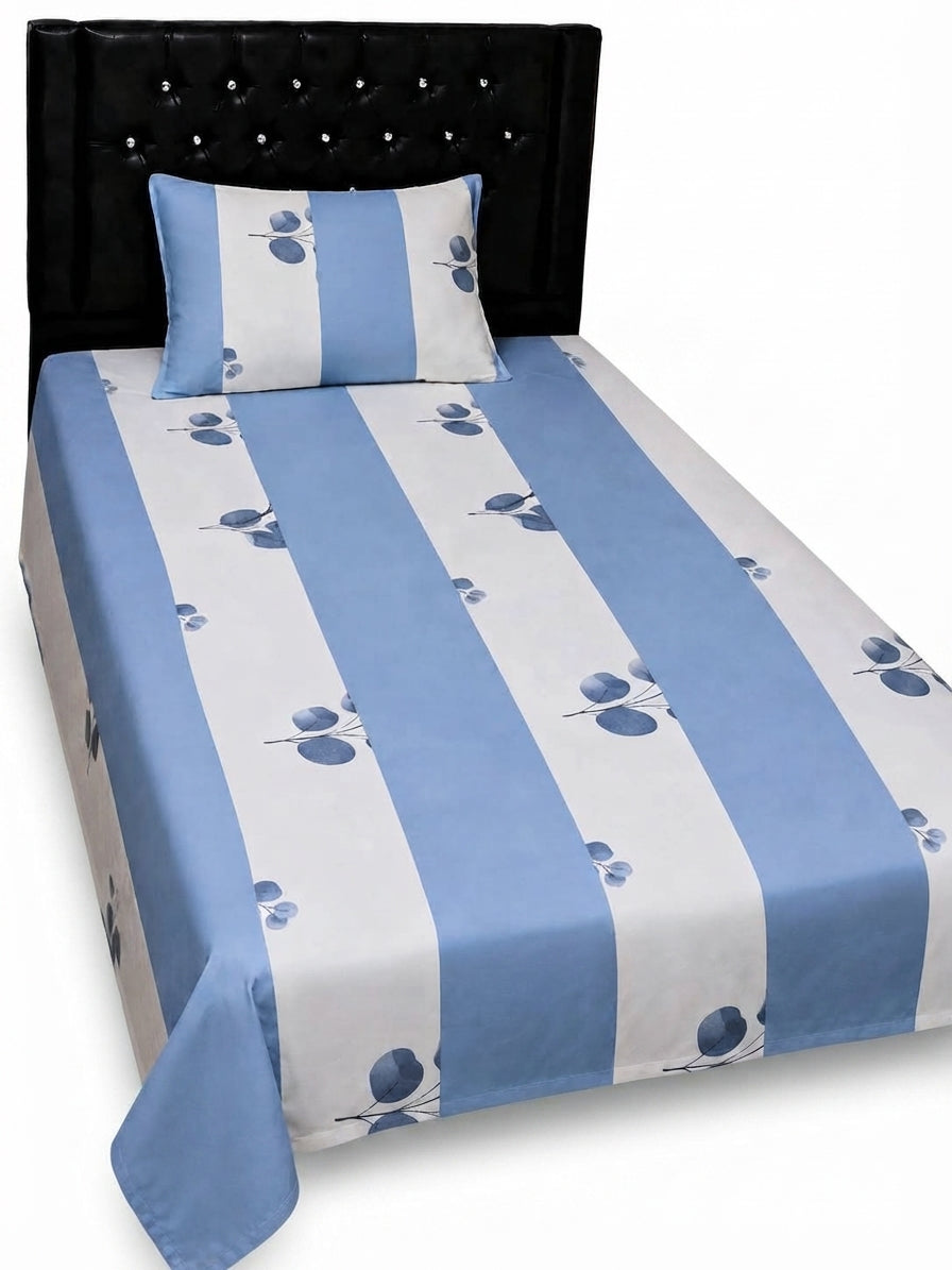 Export Quality Single Blue Leaf Patchwork Cotton Bedsheet with Matching Pillow Cover (60 x 90 Inches)