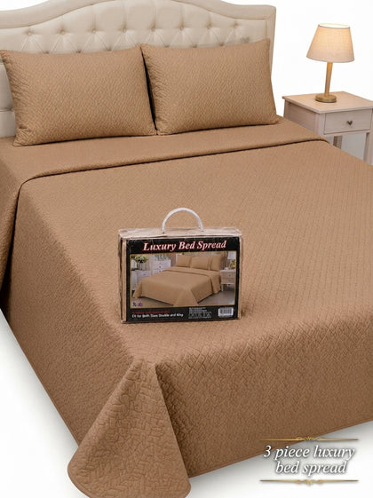 Luxury Plain Micro Cotton King Size Quilted Bedspread Set - 3 Pieces (Beige / Camel)