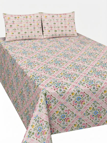 Bareezé Style 3-Piece King Size Pastel Floral Patchwork Pure Cotton Bedsheet Set