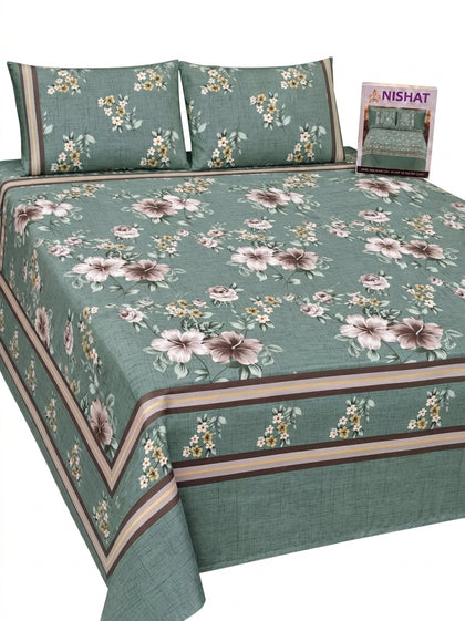 Nishat 100% Pure Soft Cotton 3-Piece Sage Green Floral King Size Bedsheet Set