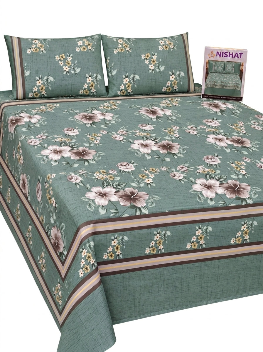 Nishat 100% Pure Soft Cotton 3-Piece Sage Green Floral King Size Bedsheet Set