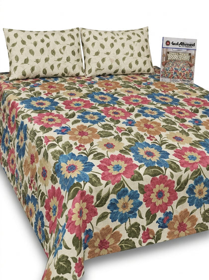 Gul Ahmed 100% Pure Soft Cotton 3-Piece Multicolor Floral King Size Bedsheet Set