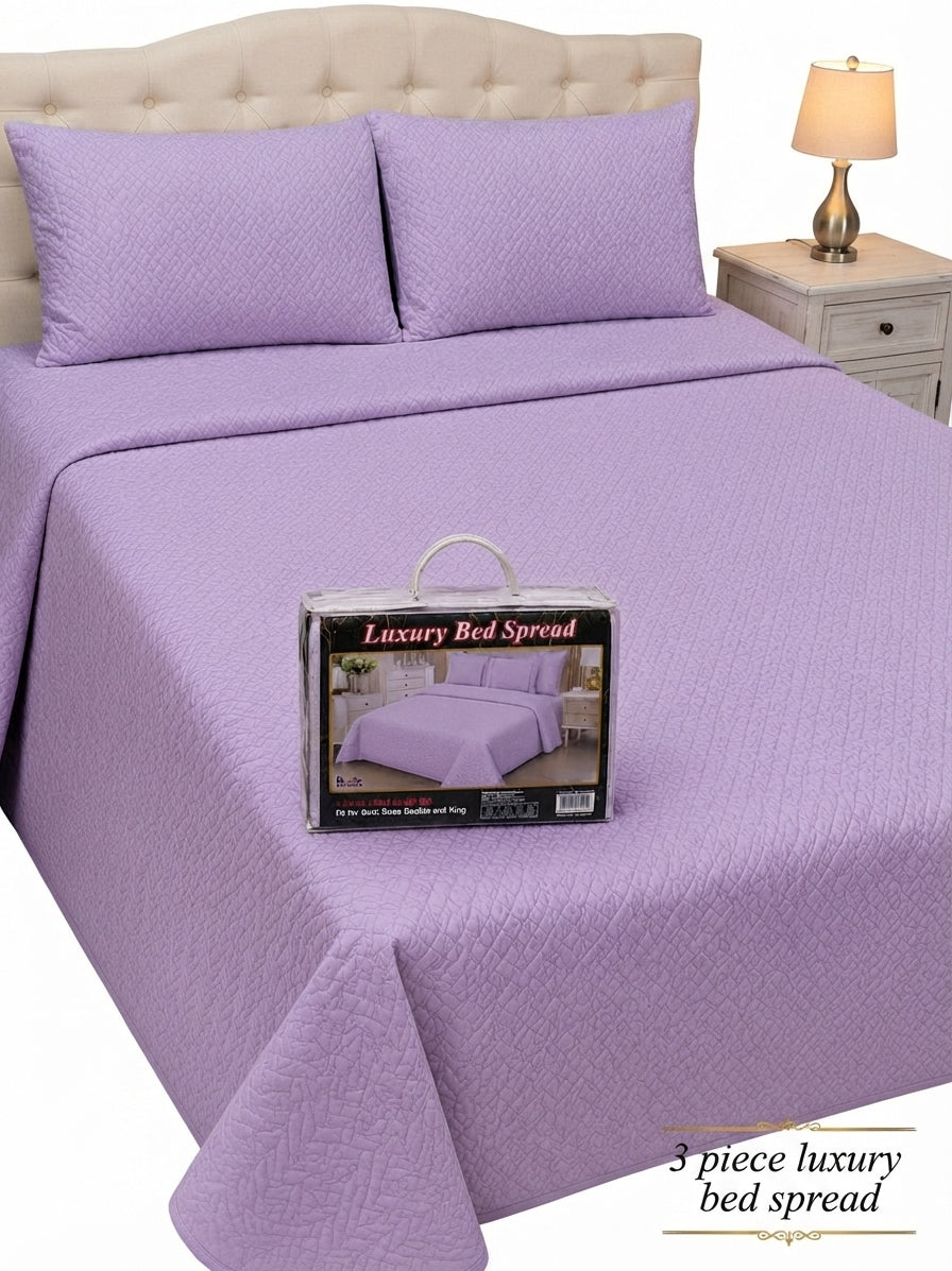 Luxury Plain Micro Cotton King Size Quilted Bedspread Set - 3 Pieces (Light Purple / Violet)
