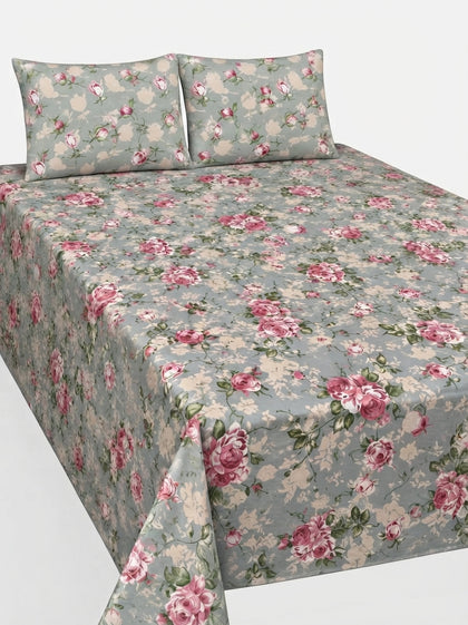 Bareezé Style 3-Piece King Size Sage Green & Pink Rose Pure Cotton Bedsheet Set