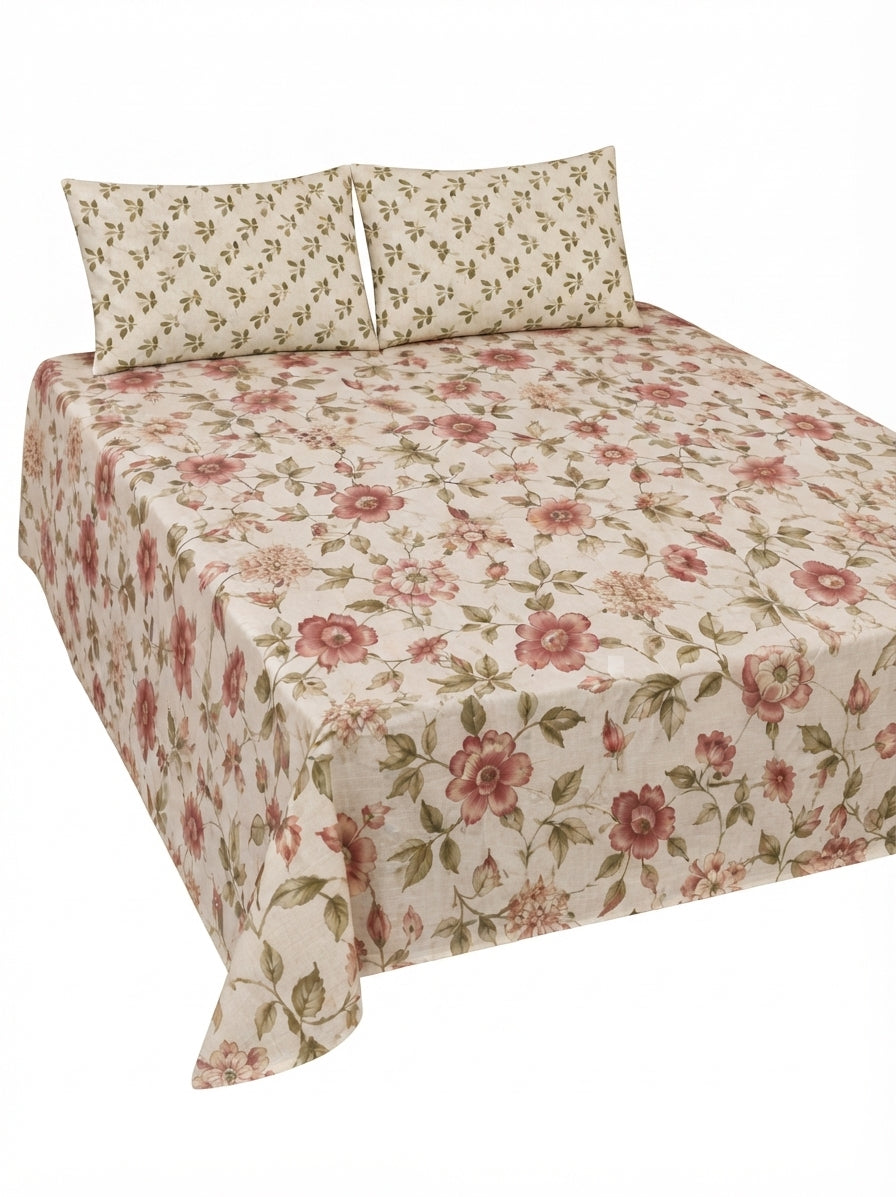 Gul Ahmed Style 3-Piece King Size Floral Pure Cotton Bedsheet Set - Cream & Pin