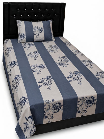 Elegant Blue & White Floral Patchwork Single Bedsheet Set (1 Bedsheet & 1 Pillow Cover)
