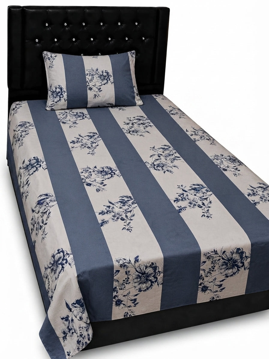 Elegant Blue & White Floral Patchwork Single Bedsheet Set (1 Bedsheet & 1 Pillow Cover)