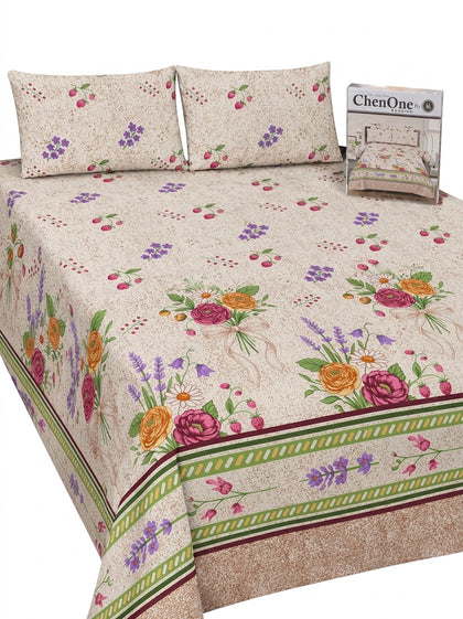 ChenOne 100% Pure Soft Cotton 3-Piece Floral Bouquet King Size Bedsheet Set