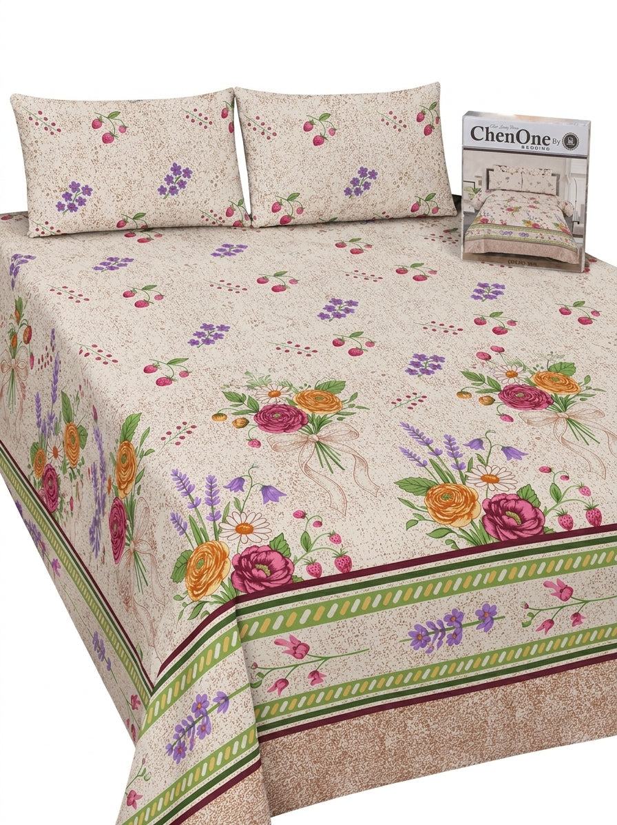 ChenOne 100% Pure Soft Cotton 3-Piece Floral Bouquet King Size Bedsheet Set