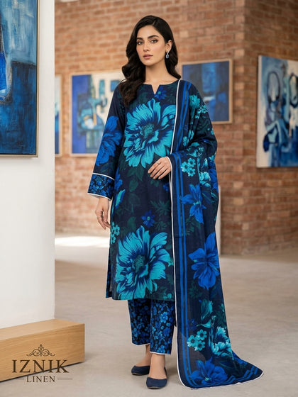 Sapphire Bloom – 3-Piece Unstitched Printed Linen Suit
