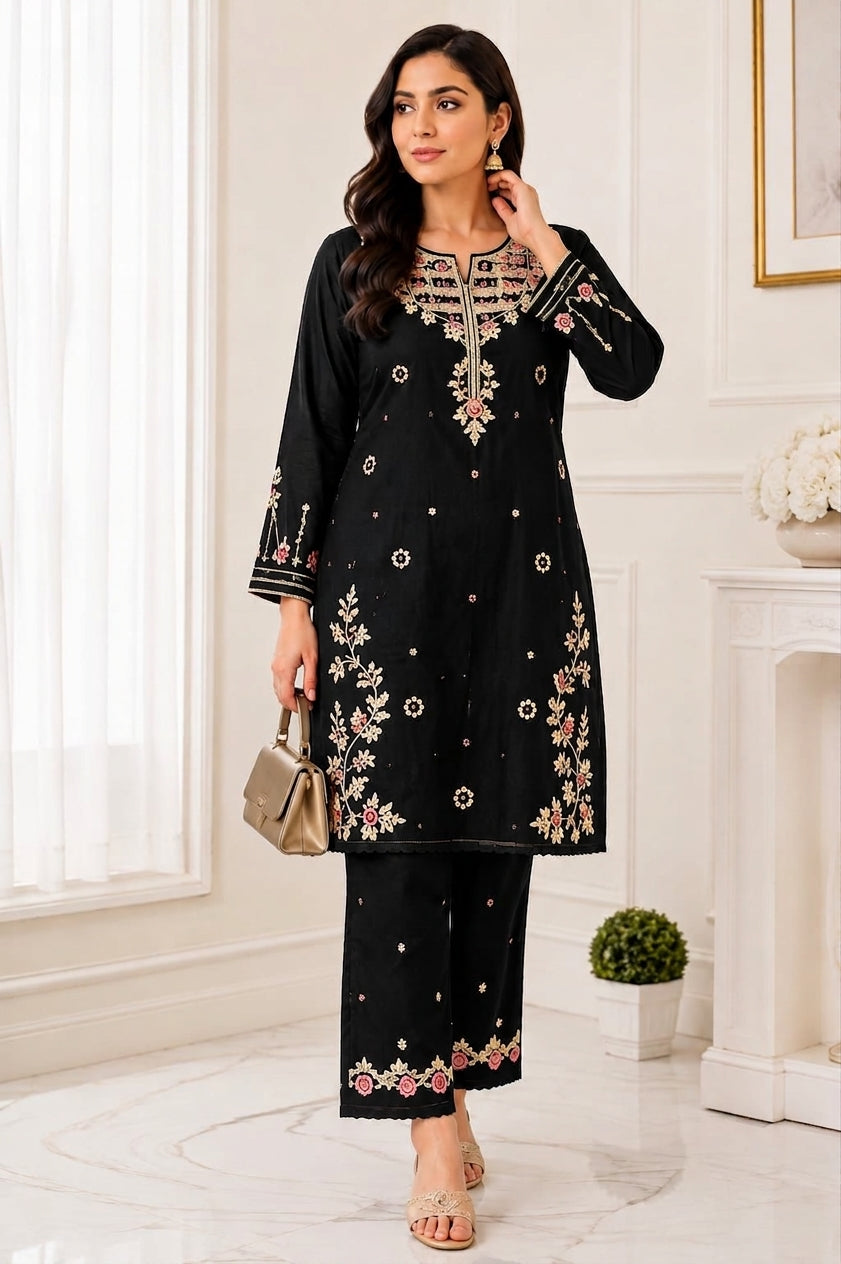 Ready-To-Wear Heavy Embroidered 2-Piece Cotton Slub Co-ord Set