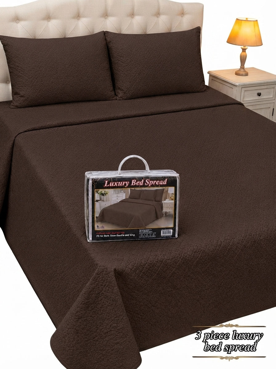 Luxury Plain Micro Cotton King Size Quilted Bedspread Set - 3 Pieces (Dark Brown / Chocolate)