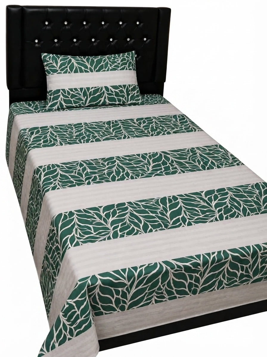 Export Quality Single Patchwork Cotton Bedsheet with 1 Pillow Cover – Green Leaf Design