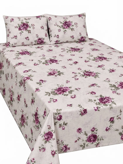 Bareezé Style 3-Piece King Size White & Purple Rose Pure Cotton Bedsheet Set