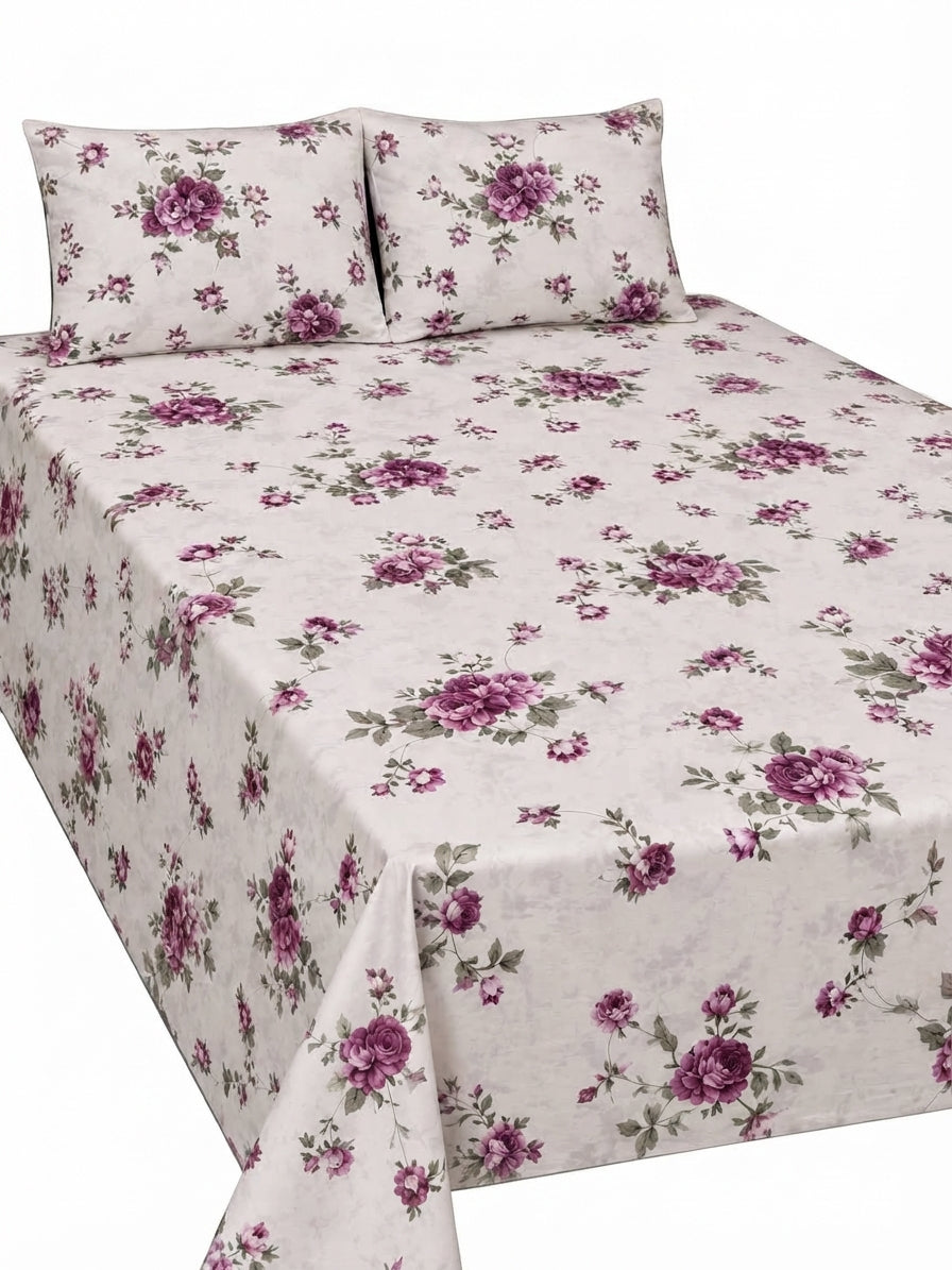 Bareezé Style 3-Piece King Size White & Purple Rose Pure Cotton Bedsheet Set