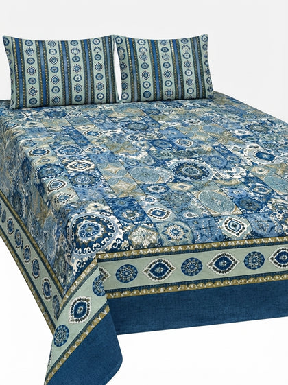 Nishat Style 3-Piece King Size Traditional Blue Mosaic Pure Cotton Bedsheet Set