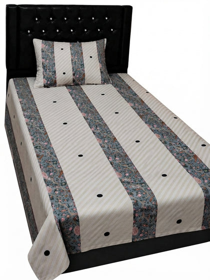 Export Quality Single Polka Dot & Floral Patchwork Cotton Bedsheet with Matching Pillow Cover (60 x 90 Inches)