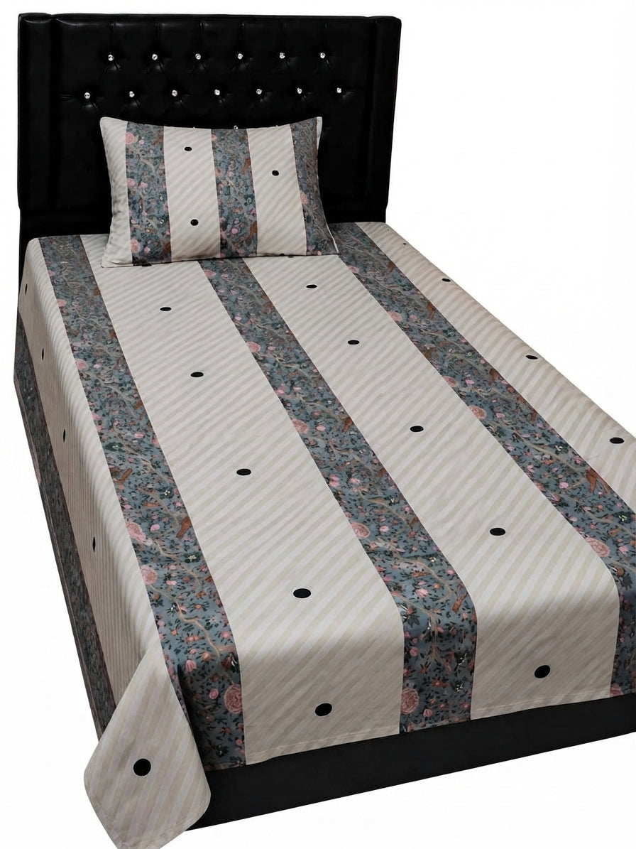 Export Quality Single Polka Dot & Floral Patchwork Cotton Bedsheet with Matching Pillow Cover (60 x 90 Inches)