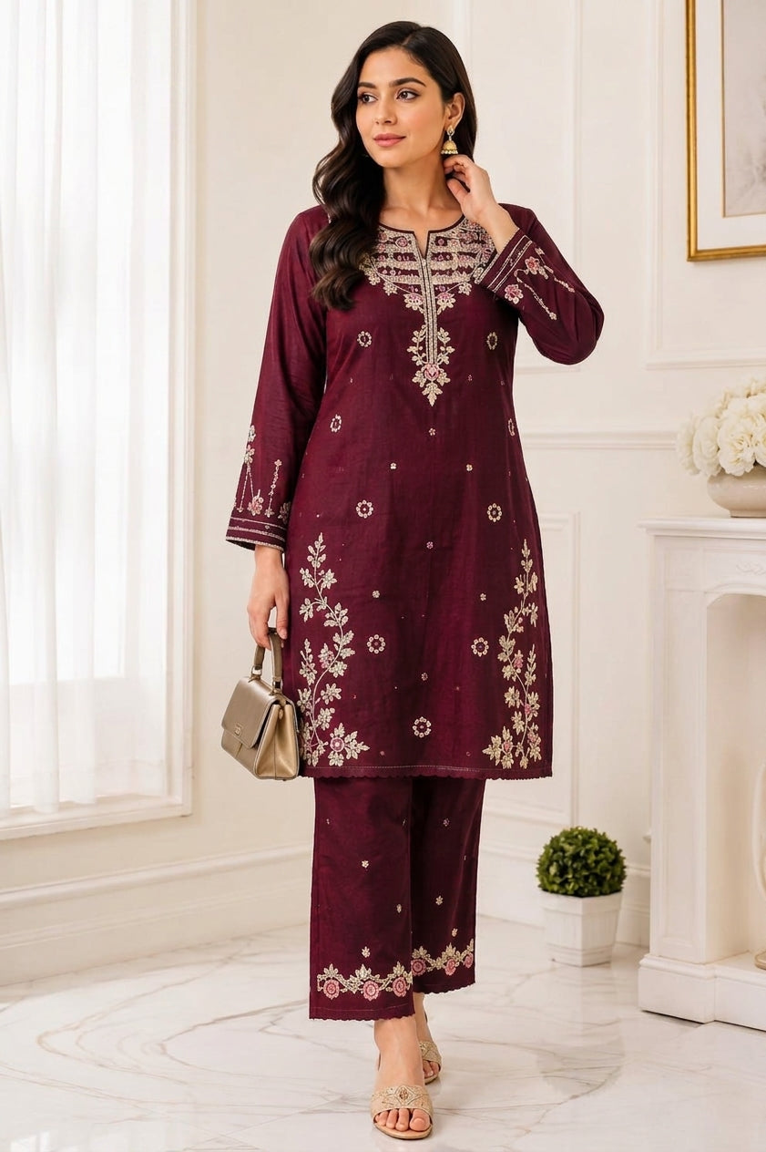 Ready-To-Wear Heavy Embroidered 2-Piece Cotton Slub Co-ord Set