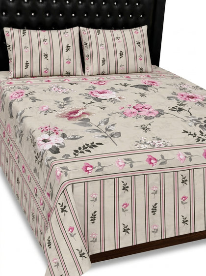 Nishat 100% Pure Soft Cotton 3-Piece Cream & Pink Floral King Size Bedsheet Set