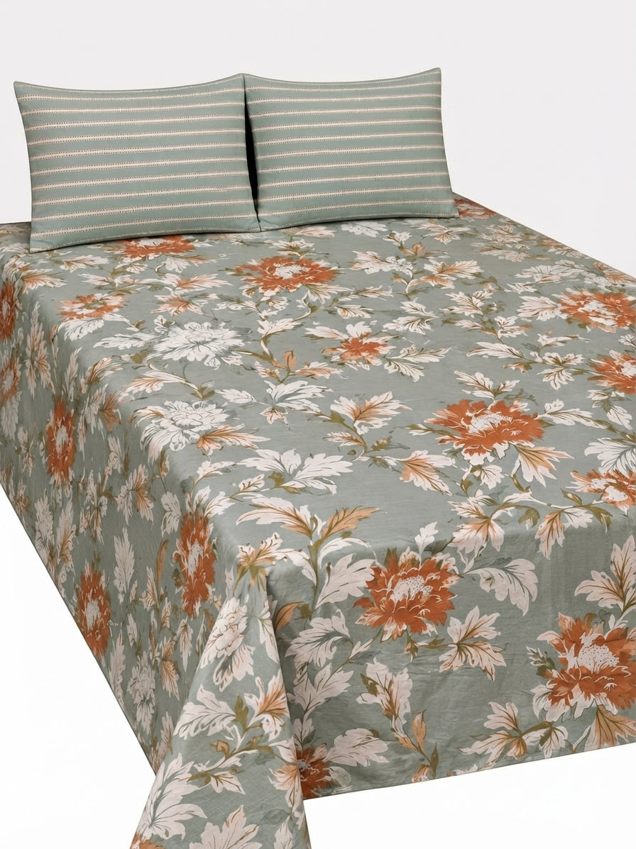 Sage Green & Rust Floral Pure Cotton Bedsheet | 3-Piece King Set