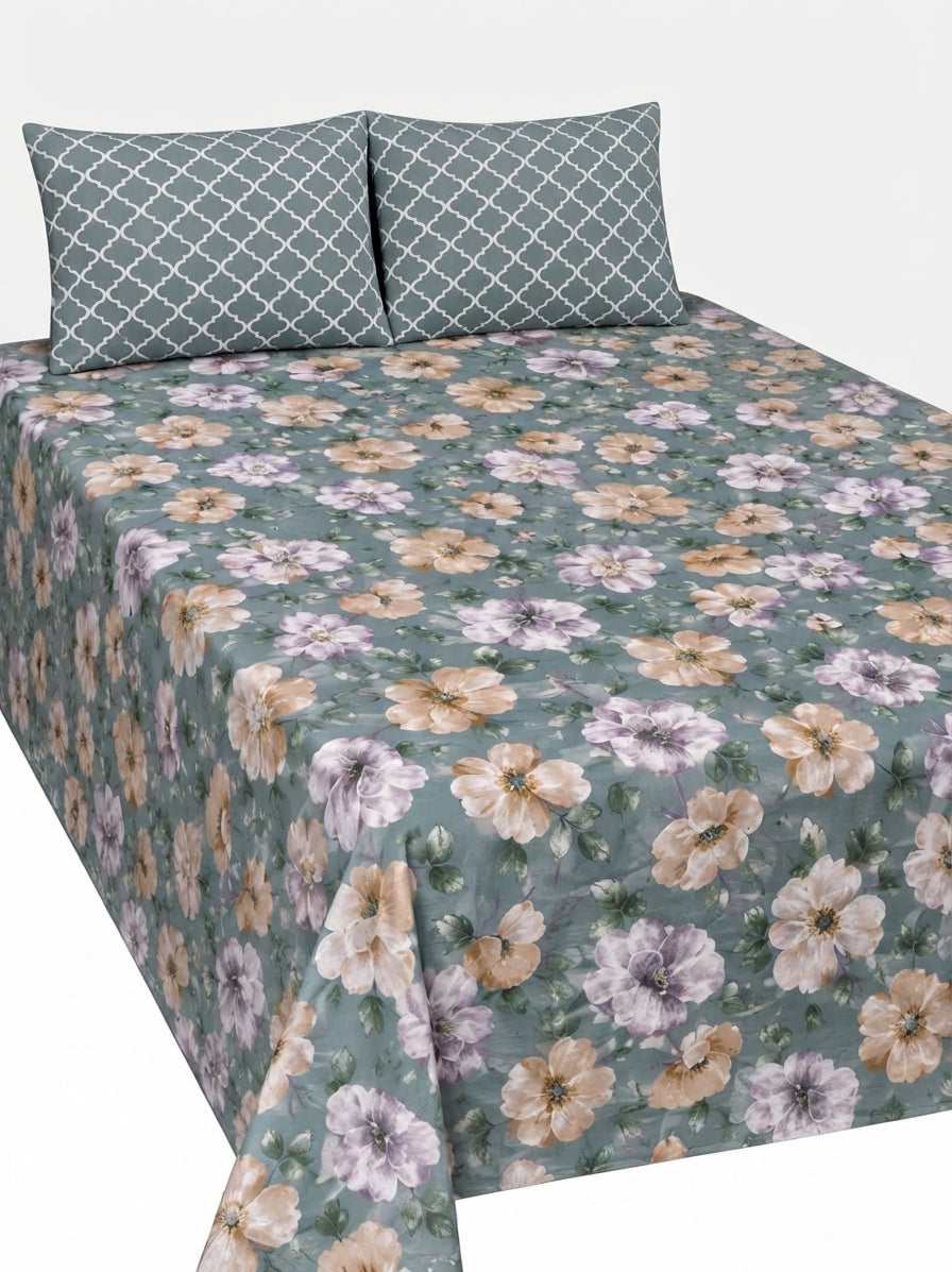 Sage Green Floral Pure Cotton Bedsheet | 3-Piece King Set