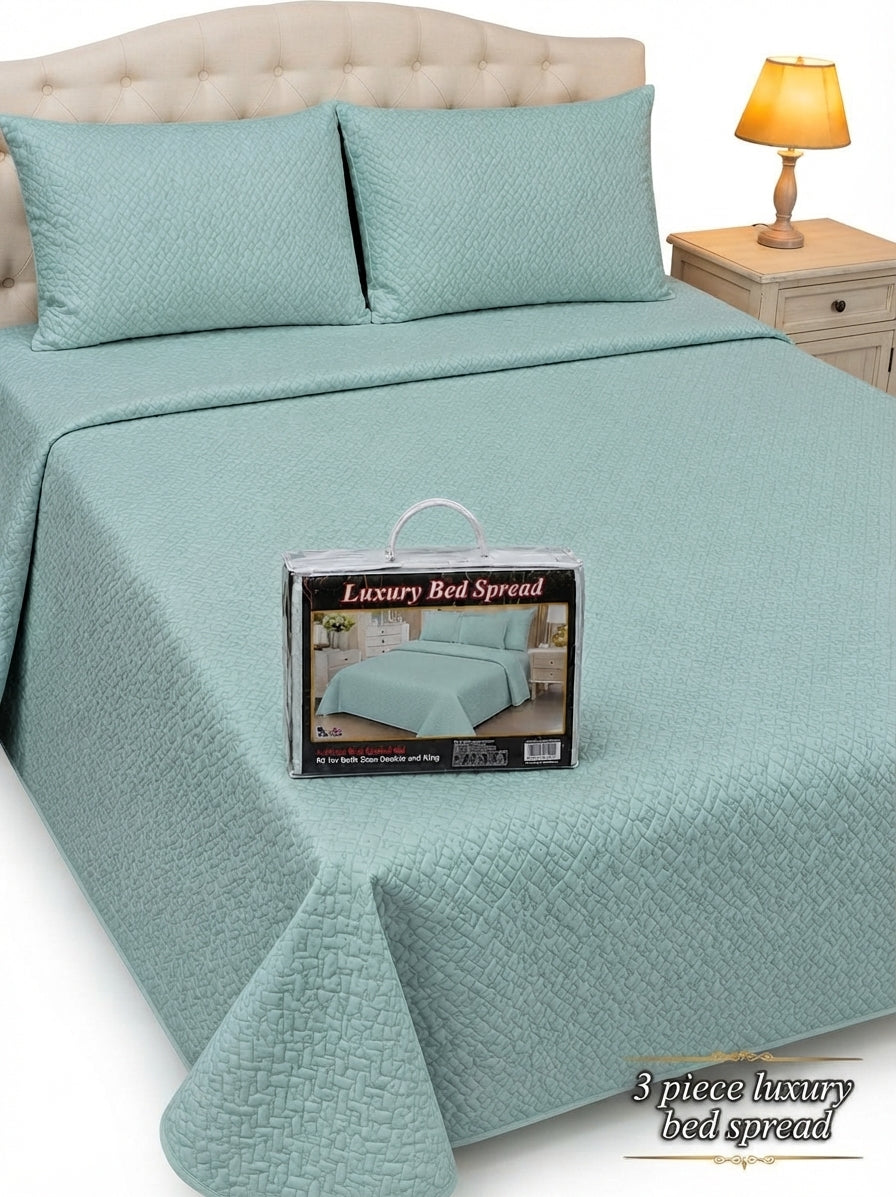 Luxury Plain Micro Cotton King Size Quilted Bedspread Set - 3 Pieces (Sea Green)