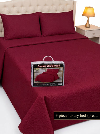 Luxury Plain Micro Cotton King Size Quilted Bedspread Set - 3 Pieces (Deep Red / Crimson)