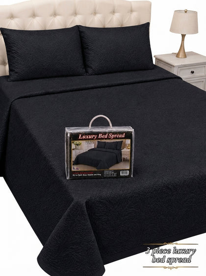 Luxury Plain Micro Cotton King Size Quilted Bedspread Set - 3 Pieces (Jet Black)