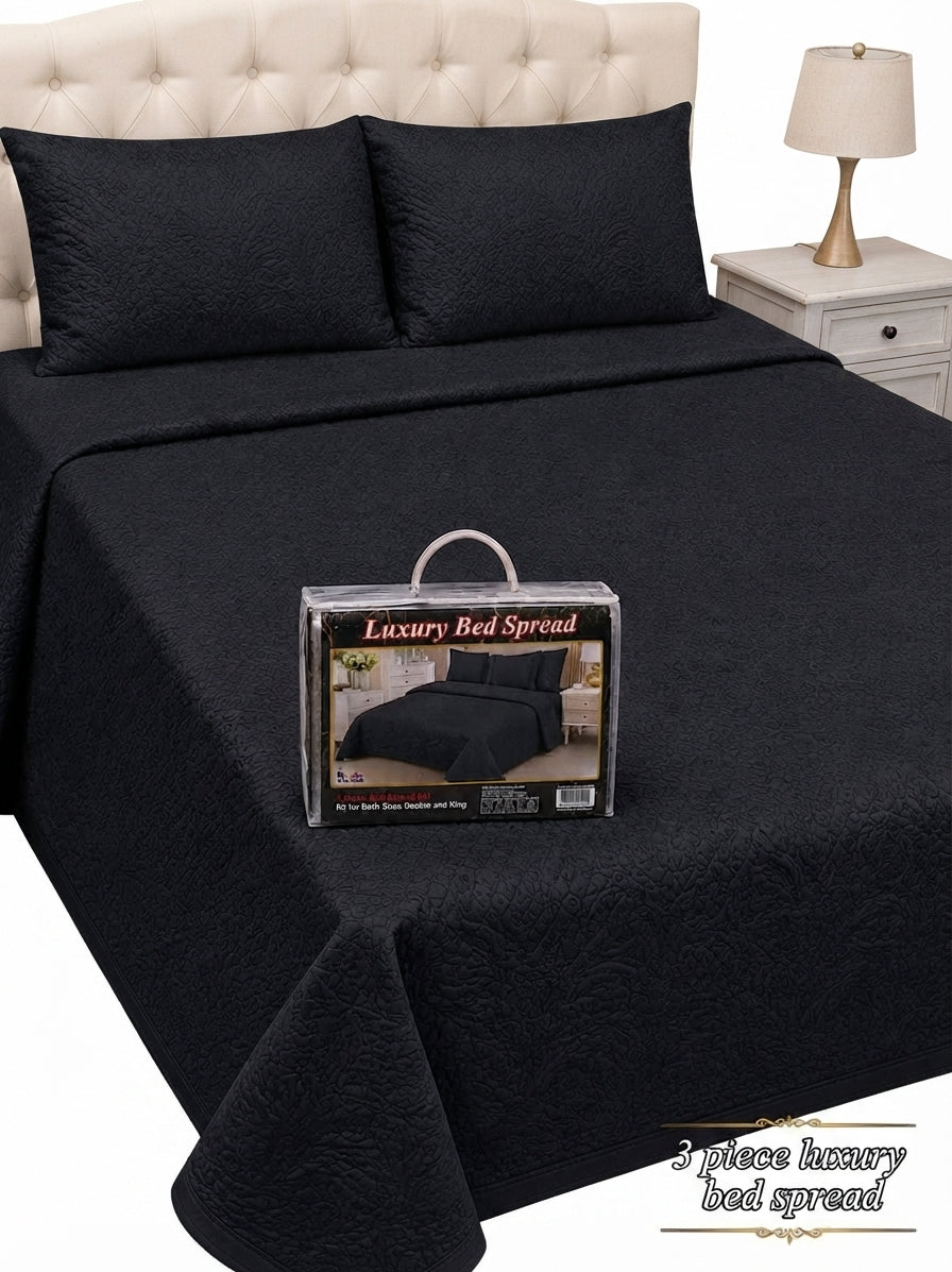 Luxury Plain Micro Cotton King Size Quilted Bedspread Set - 3 Pieces (Jet Black)