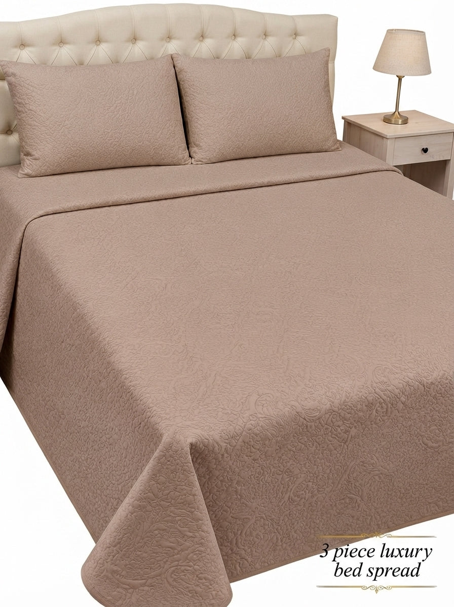 Luxury Plain Micro Cotton King Size Quilted Bedspread Set - 3 Pieces (Warm Taupe / Nude)