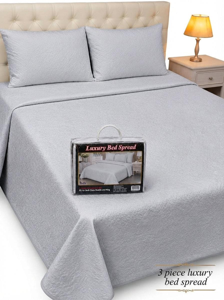Luxury Plain Micro Cotton King Size Quilted Bedspread Set - 3 Pieces (Light Grey / Silver)