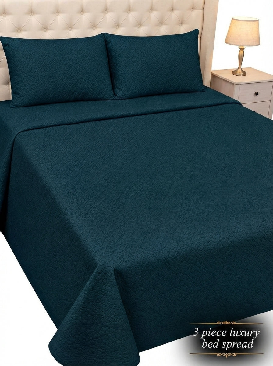 Luxury Plain Micro Cotton King Size Quilted Bedspread Set - 3 Pieces (Dark Teal / Blue)