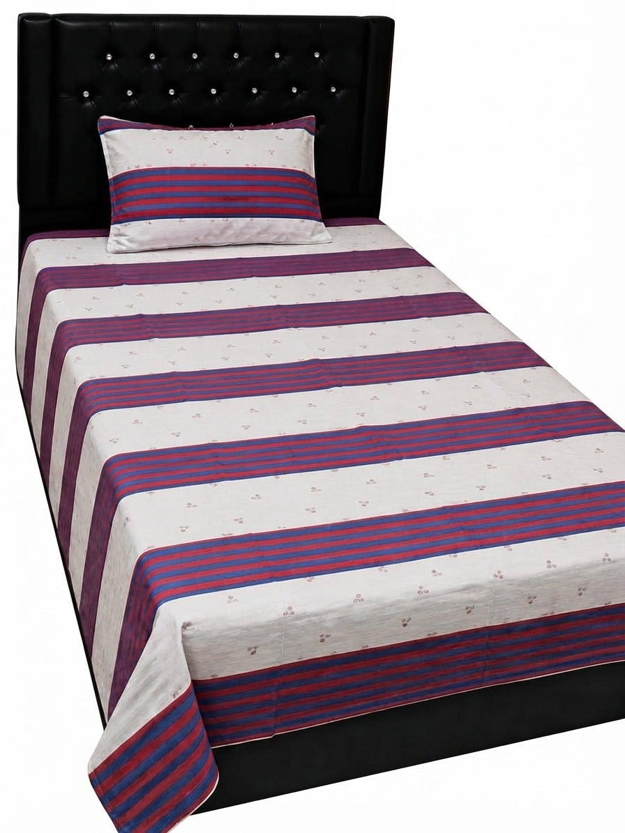 Elegant Striped Patchwork Single Bedsheet with 1 Matching Pillow Cover - Export Quality Cotton