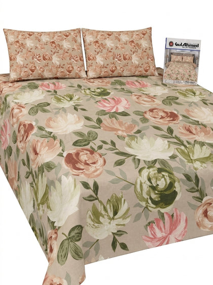 Gul Ahmed 100% Pure Soft Cotton 3-Piece Peach & Sage Floral King Size Bedsheet Set