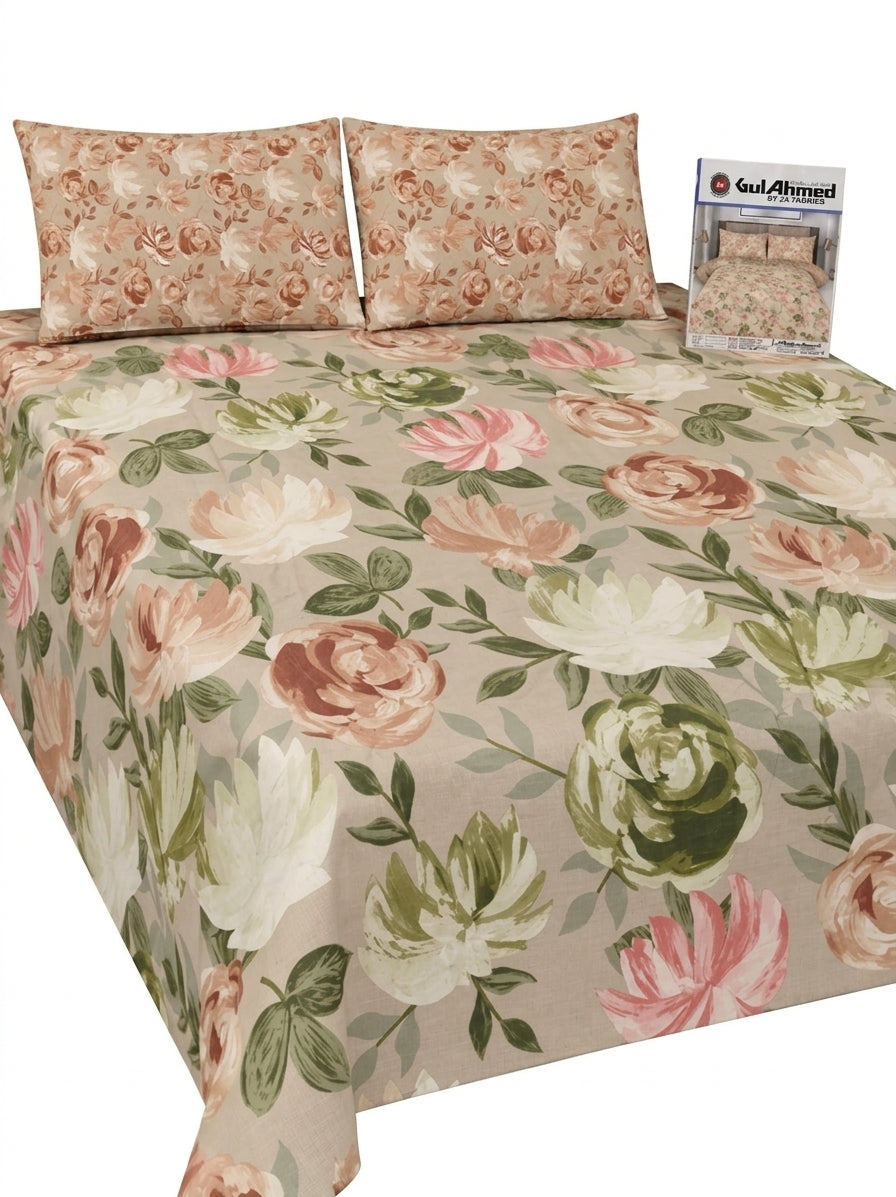 Gul Ahmed 100% Pure Soft Cotton 3-Piece Peach & Sage Floral King Size Bedsheet Set