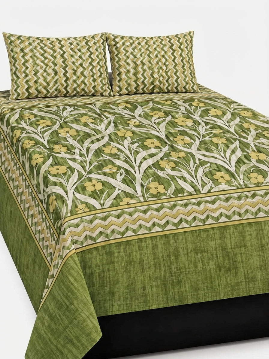 : Nishat Style 3-Piece King Size Green Floral Pure Cotton Bedsheet Set